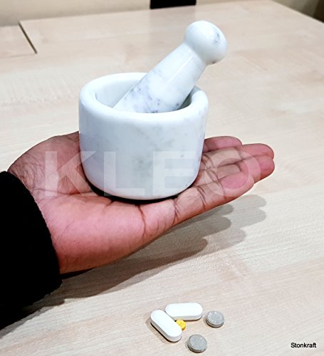 Image of KLEO 2.75 inch Diameter White Marble Stone Mortar and Pestle Set Spice, Medicine Pills Grinder Masher - SMALL SIZE