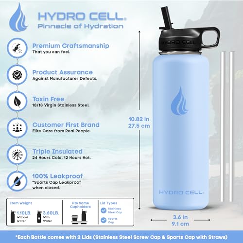 Image of HYDRO CELL Stainless Steel Insulated Water Bottle with Straw - For Cold & Hot Drinks - Metal Vacuum Flask with Screw Cap and Modern Leakproof Sport Thermos for Adults (Glacier 40oz)