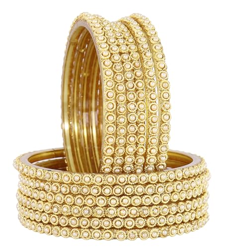 Image of NMII Glass Golden Beads & Pearls Moti Work Designer Bangles Set For Women & Girls | Kanch ki Chudi Set | Girl's Bangles Bracelet | Glass Bangles | Daily, Wedding, Party, Fashion Jewellery- Set of 12