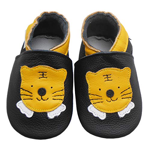 Bemesu Krabbelschuhe Baby Lauflernschuhe Jungen Mädchen Weiche Leder Lederpuschen Hausschuhe kleinkind Barfußschuhe Baby Sockenschuhe Babyschuhe Schwarz Tiger (L, 12-18 M, EU 21/22)