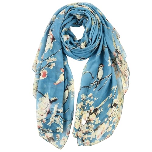vimate Hummingbird Scarf for Women Blue Bird Print Neck Wrap & Head Cover Floral Travel Shawl Gift for Bird Lovers(US-Style 01-Dark Blue)