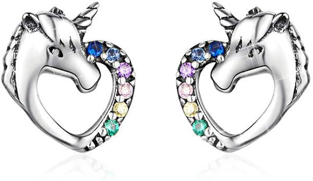 MengCat Unicorn earrings for girls,Heart Shape 925 Sterling Silver Rainbow Cubic Zirconia Screwback Earrings Gift for Her, Women, Girl