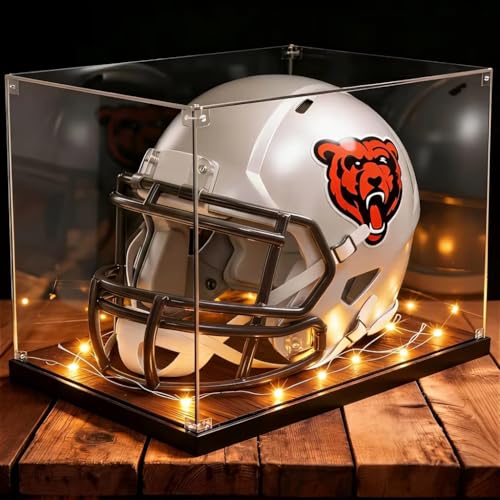 Football Helmet Display Case with Light Strip Full Size Helmet Display Case with Wood Grain Base UV Protection Helmet Showcase for Football Hockey Baseball Motorcycle Helmets Memorabilia Sports