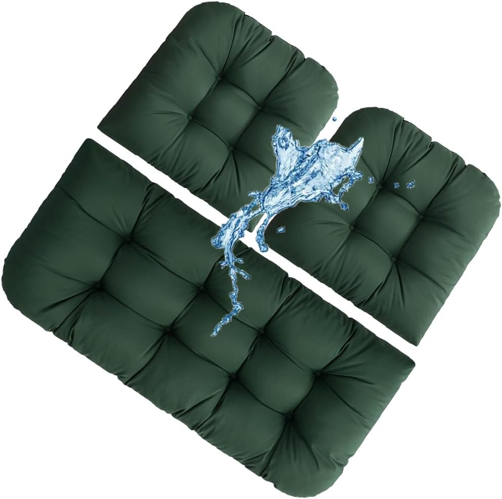 Outdoor Wicker Patio Furniture Cushions 3 Piece Set Waterproof Settee Cushion All-Weather Durable Fluffy Chair Pads,Porch Swing Cushion,1 bench cushion,43”x20”&2 U-Chair Pads 19”x19”& Green Green 3 43”x20”
