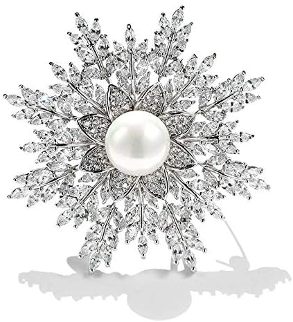 luxury copper zircon snowflakes brooch high-grade pearl pin (Silver) Golden,Silver
