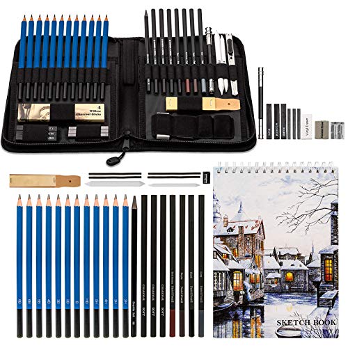 K Kwokker Sketching Pencils 41Pcs Drawing Pencils and Sketch Kit, 3 Types Pencils(Graphite, Pastel, Charcoal), Shading Pencils for Artists Kids Beginners Adults, with Eraser, Sharpener, Sketch Book