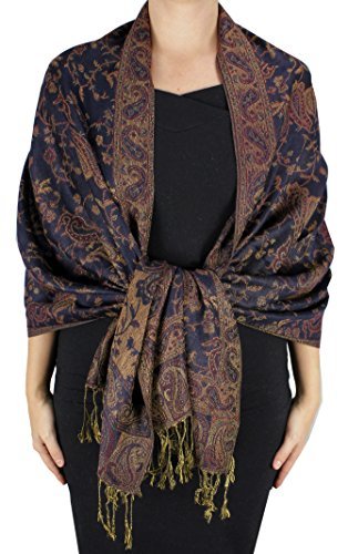 Peach Couture Elegant Double Layer Reversible Paisley Pashmina Shawl Wrap Scarf Navy