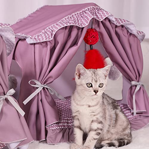 Grand Line Cat Bed Cat House With Bamboo Mat, Summer Indoor Cat Tent Kitten Teepee, Sturdy Cat Dog Nest For Small Medium Pets Up To 22 Lbs, Washable Cushion (Purple, Hanging Balls) #TOP7