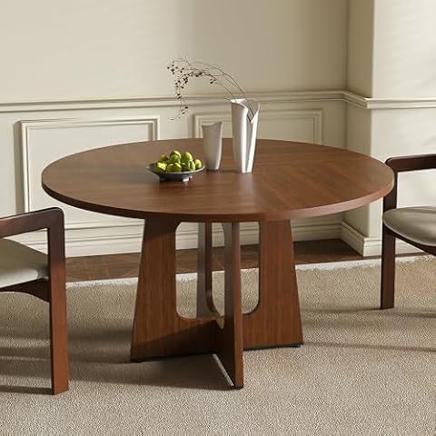 MELAABUU Round Farmhouse Dining Room Table for 6, 47" MDF Circle Kitchen Table with Wood Grain Finish, Wooden Kitchen and Dining Table for Dining Room, Kitchen, Living Room, Walnut Cover