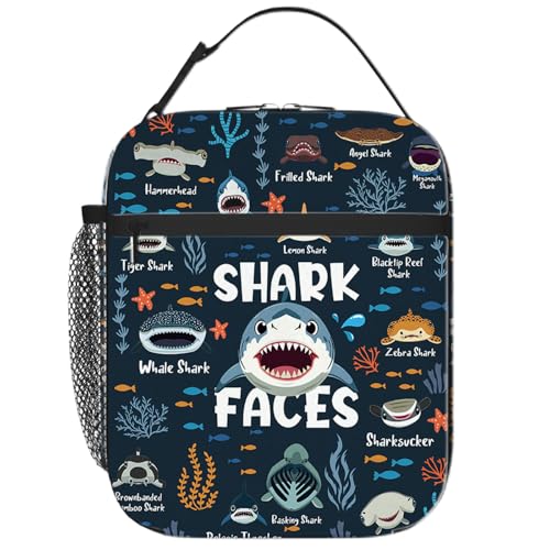 SJEFOJ Shark Lunch Box for Men Women Insulated Lunch Bag for Men Thermal Lunchbox for Man Cooler Lunches Tote Bag for Man Adult Cartoon Shark Faces Reusable Leakproof Portable Work Office Picnic
