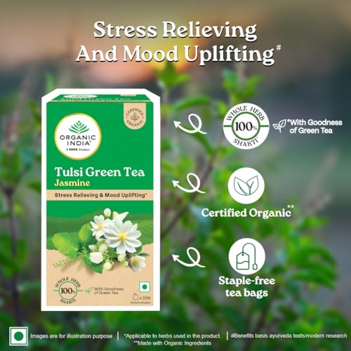 Image of A TATA Product - Organic India Tulsi Green Tea Jasmine - 25 Tea Bags, Certified Organic, Stress Relief, Mood Uplifting, Antioxidant Power, Soothing Jasmine Blend