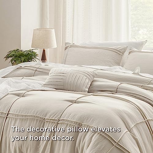 Image of Bedsure Beige Queen Comforter Set - 4 Pieces Grid Pleated Bed Set, Down Alternative Bedding Sets for All Season, 1 Comforter, 2 Pillowcases, 1 Decorative Pillow