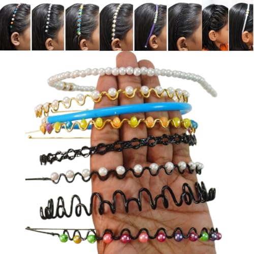 Image of Hair Bands for Women & Girls Pack of 8 - Metal Hair Bands with Pearl Headbands, Stylish Designs to Match Any Outfit