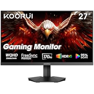 KOORUI 27” WQHD (2560 x 1440p) Gaming Monitor 170Hz (Supports 144Hz), 1ms Fast IPS, HDR 10, DCI-P3 95% Color Gamut, FreeSync Premium, Adaptive G-Sync, HDMI x 2, DisplayPort, Black (GN07)