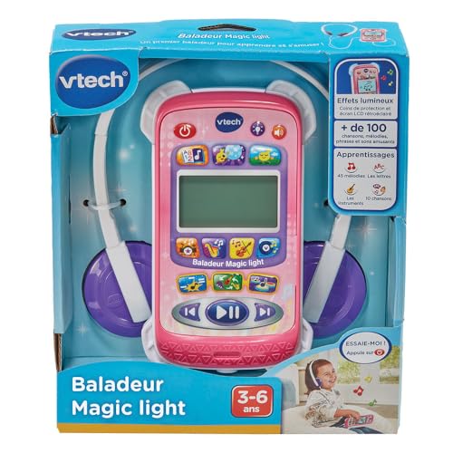 VTech - Baladeur Magic Light Rose, Baladeur Musical Enfant avec Casque Audio, Écran Rétroéclairé, Effets Lumineux, Musiques et Jeux Éducatifs, Cadeau Enfant de 3 Ans à 6 Ans - Contenu en Français