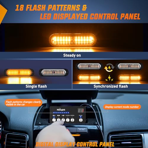 Image of Nilight 8PCS Led Strobe Lights with Controller 12V 24V Sync Feature Amber | 12 LED Surface Mount Emergency Hazard Warning Lights with Strobe Controller for Vehicle Car Truck RV ATV