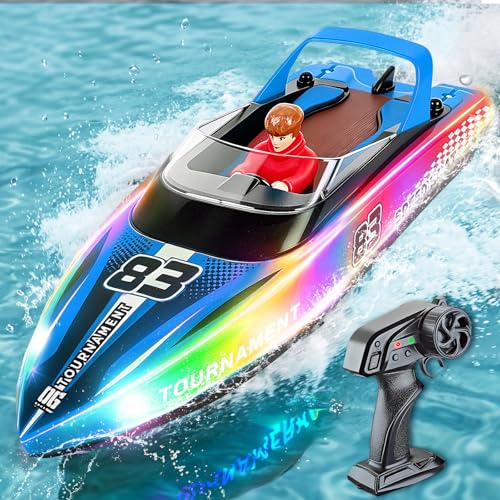 YOOHBERRYS Ferngesteuertes Boot mit LED-Licht 2 4 GHz RC Boot für Kinder Erwachsene 15km/h RC Rennboote Speedboot Wasserspielzeug für Pools und Seen (Blau)