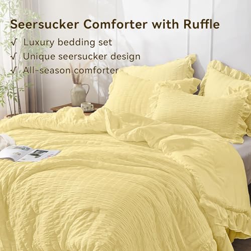 Image of JOLLYVOGUE Light Yellow Twin /Twin XL Comforter Set, 2 Pieces Seersucker Lightweight Fluffy Bedding Set, Twin Ruffle Comforter, All Season Soft Microfiber Shabby Chic Bed Set