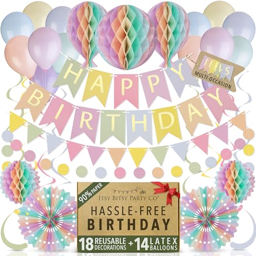 Premium Reusable Party Decorations - Pastel Birthday Set with Balloons Banner Bunting Honeycomb Decorations Pom Poms Streamers