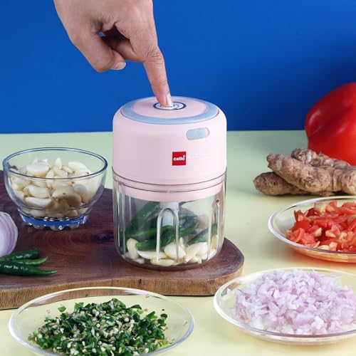 Image of Cello Reva Multi Functional Electric Chopper | Stainless Steel Blades & Unbreakable Bowl | One Touch Operation | Rechargeable and Portable | Perfect For Quick Chopping, Mincing & Processing | Pink