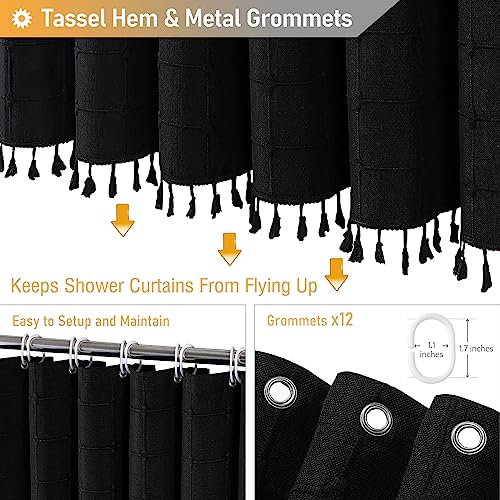 Image of BTTN Extra Long Shower Curtain - 72x96 Inch Long Boho Chic Linen Fabric Heavy Duty Shower Curtain Set with Hooks, Tall Bohemian Farmhouse Luxury Tassel Cloth Shower Curtains for Bathroom - Black