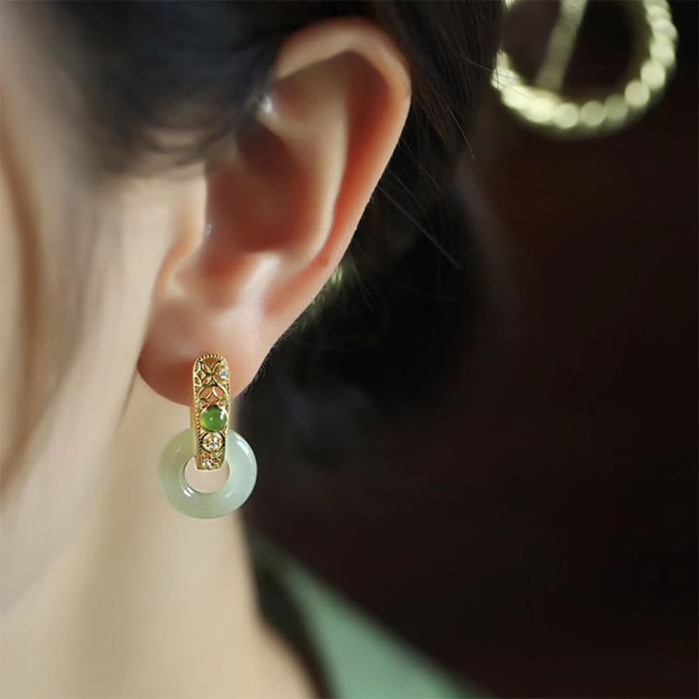 S925 Silver Gold-Plated Natural White Jade Peaceful Buckle Ruyi Earrings for Women Yoga Genuine