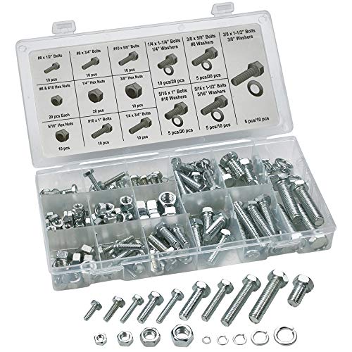 Katzco 240 Piece Standard Nuts and Bolts Set - Zinc Oxide Finish Bolts, Hex Nuts, and Washers - Assorted Kit - Resealable Plastic Case