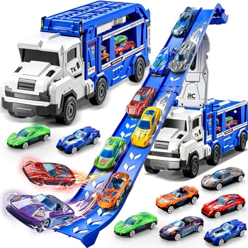 VESIHOLO Transport Truck Toys for 3 4 5 6 7 Years Old Boys, Carrier Toy Cars Track Set Transporter Trucks with 6 Die-Cast Car Toys 2 Race Catapults,Toddler Car Toy Set for Kids Girls - image 1