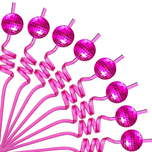 HBBWWTT Pink Disco Ball Reusable Swirly Straw 12 pcs, Disco Bachelorette Decorations,Groovy Birthday Party Supplies, 70s 80s, Best for Your Party (pink)