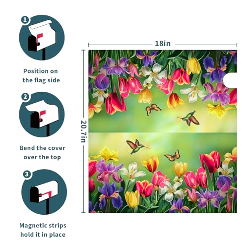Image of Easter Floral Mailbox Cover Magnetic, Tulip Lily Flowers Mailbox Wrap, 21 inchx18 inch Spring Summer Standard Size Waterproof Letter Post Cover for Yard Garden Outdoor Outside Decoration