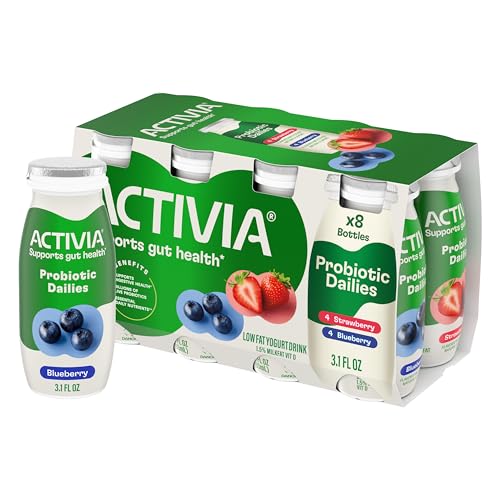 Activia Probiotic Dailies Strawberry and Blueberry Low Fat Yogurt Drinks, Delicious Daily Probiotic Yogurt Drinks to Help Support Gut Health, 3.1 fl oz, 8 Count