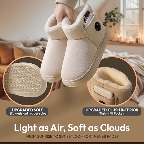 Heated Slippers for Women, Snow Resistant Foot Warmer Shoes For Women, Heated Boots, 3 Temperature Settings, Rechargeable 5000mAh Batteries, Heated Booties for Everyday Wear, Beige3