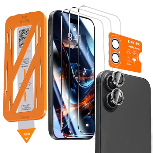 QHOHQ [1-Second Auto-Install] 3 Pack Screen Protector for iPhone 17 + 1 Set Camera Lens Protector...