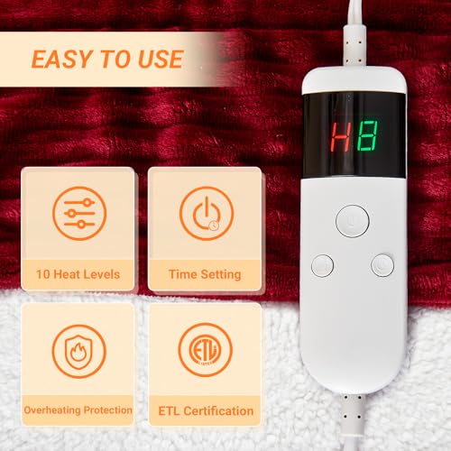Image of Heated Blanket Electric Queen, Soft Flannel Heating Blanket with 8 Hours Auto Off 10 Fast Heating Levels Machine Washable Sherpa Heated Blanket with Overheating Protection