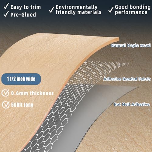 Image of Maple Edge Banding, 1 1 /2 inch x 500ft roll of Wood Edge Banding Preglued Flexible, Veneer Tape Banding for Cabinet Repair Furniture Plywood