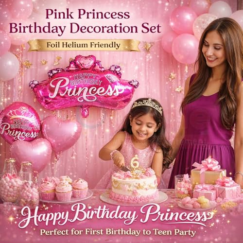 Image of Propsicle Pink Princess Foil Balloon Pack of 5, 32 Inch Crown Foil Balloon, 18 Inch Princess Printed Round x2, 18 Inch Heart Shape x2, Kids Girls Birthday Decoration Supplies