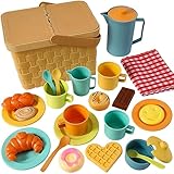 HERSITY Picknickkorb Kinder Teeservice Spielküche, Picknick Kinder Set mit Decke, Tee Set mit Dessert Spielzeug Outdoor, Geschenk für Jungen Mädchen 3 4 5 Jahre