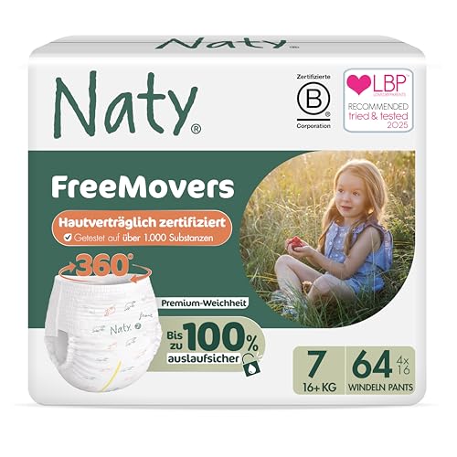 Naty FreeMovers Baby Pants Windeln | Windelhöschen zertifiziert hautverträglich | Weich & ohne Duftstoffe | Saugstark & Auslaufsicher | Dermatologisch getestet | Größe 7 (16+ kg) | 64 Stück