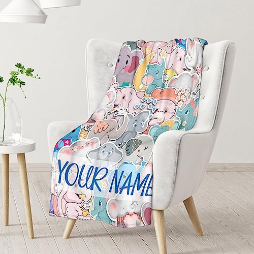 Personalized Elephant Blanket Gifts with Name - 60"x80" Cute Throw for Women Girls - Colorful Soft Fuzzy Blankets for Bed, Couch & Living Room