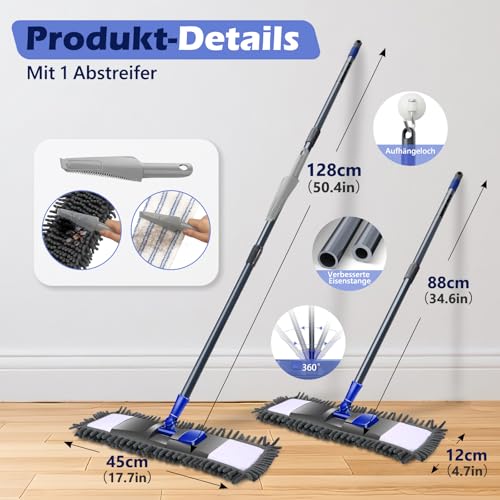 Masthome Wischmopp,Bodenwischer Set mit 4 Wischpads,Chenille Wischmopp mit 128cm Griff,Mikrofaser...