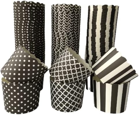 GEMSO Paper Baking Cups 90-Pack 6 Oz Greaseproof Baking Cups Cupcake Muffin Cups Disposable Cupcake Wrappers For Birthday Baby Shower And Party Decorations (Black Vertical Polka Dot And Quadrafoil)