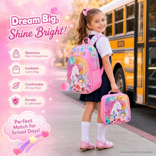 Image of CCJPX 3PCS Unicorn Backpack for Girls, 16 inchKids Preschool Sequin Bookbag and Lunch Box for Kindergarten Elementary