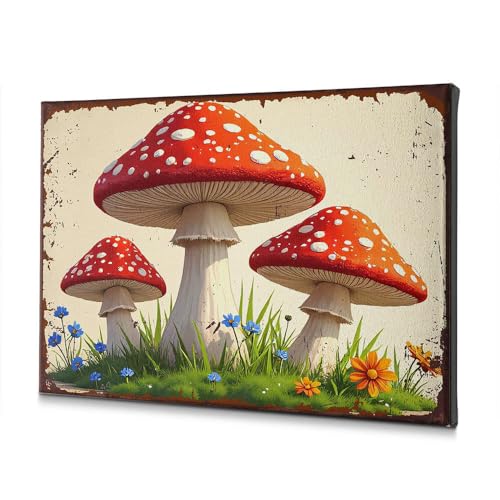 Tableau sur toile salle de bain champignons rouges champ herbeux 40x60