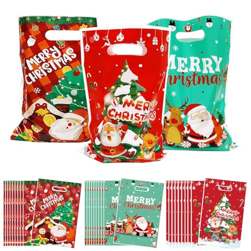 30pcs Christmas Party Bags Small Plastic Gift Bags with Handles Perfect for Xmas Birthdays Goodies Toy for Kids Girls & Boys Christmas Party Bag 17cm*25cm