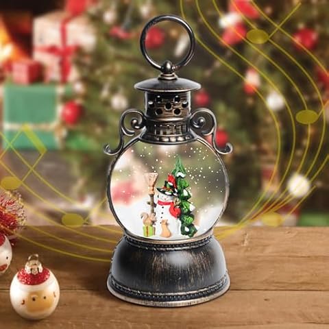 Christmas Snow Globes, Snowman Christmas Lantern with 8 Songs, 6H Timer Battery & USB Powered Glitter Music Box for Christmas Table Decorations Cover