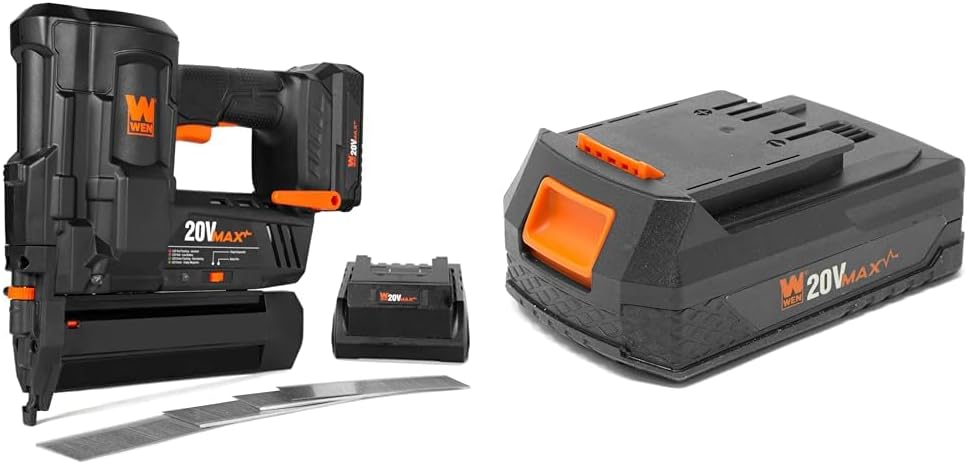 WEN 20V Max Cordless Brad Nailer (20512) with 2.0Ah Battery (20202) and Charger Bundle