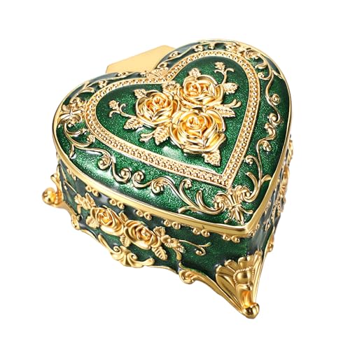 Hipiwe Vintage Jewelry Storage Box Heart Shaped Trinket Box Green Decorative Keepsake Box with Rose Pattern Treasure Organizer Holder for Women