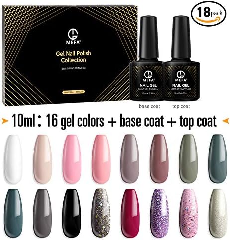 MEFA 18 Pcs Soak Off Gel Nail Polish, 16 Colors Gel + 1 Base Coat + 1 Top Coat(10ml/Bottle), UV Led Gel Polish Manicure Kit For Beginners Nail Art Salon Nail Design Set1