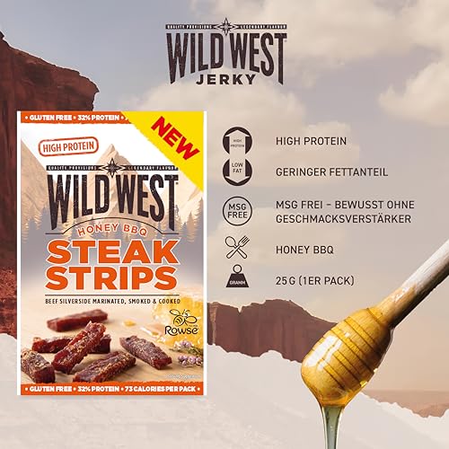 Wild West Steak Strips, 25g Honey BBQ Rindfleisch, Beef Jerky high Protein Trockenfleisch, Protein Snack