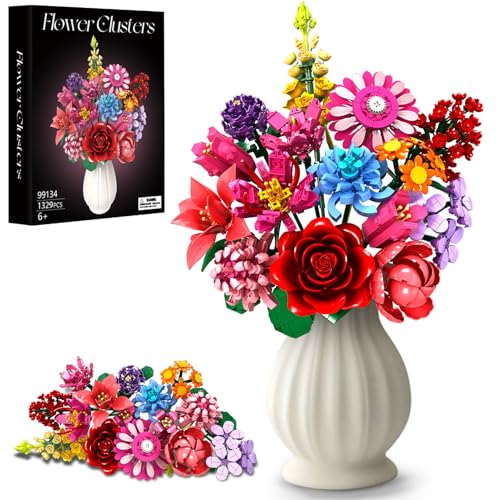 Blumen-Bausteine-Set 1329 Teile zeitloses Blumenstrauß-Set mit 14 verschiedenen Blumenarten DIY-Bausatz für farbenfrohe Blumendekoration für Zuhause/Büro Geburtstagsgeschenk/Jahrestag/Muttertag